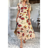 Floral V Neck Short Sleeve Tied Wrap Dress - MVTFASHION.COM