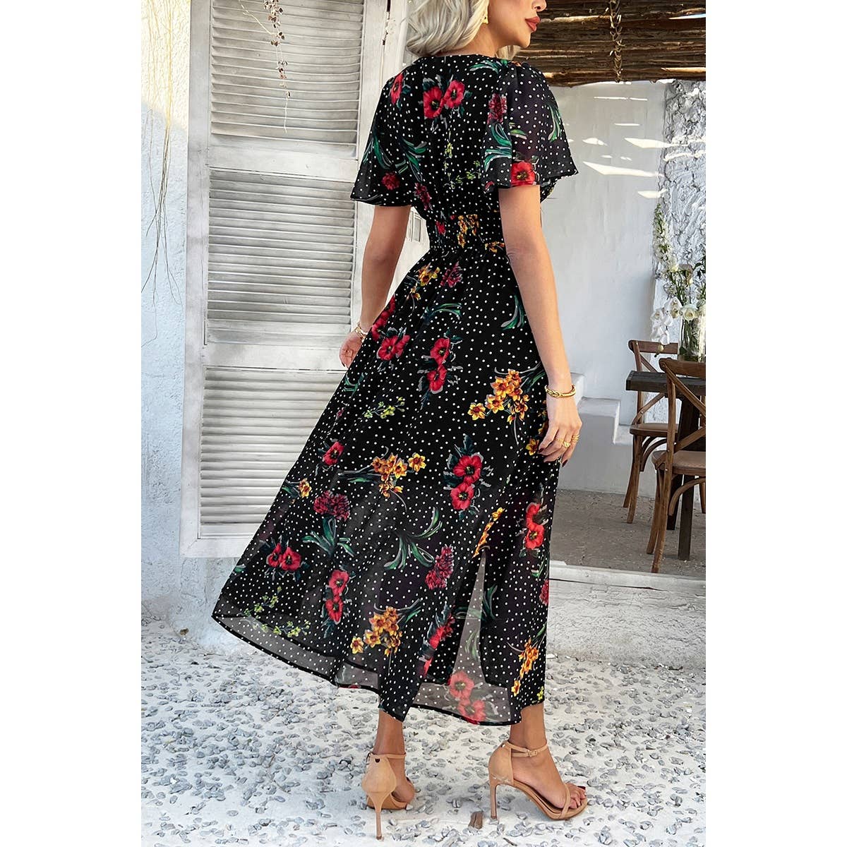 Floral V Neck Short Sleeve Tied Wrap Dress - MVTFASHION.COM
