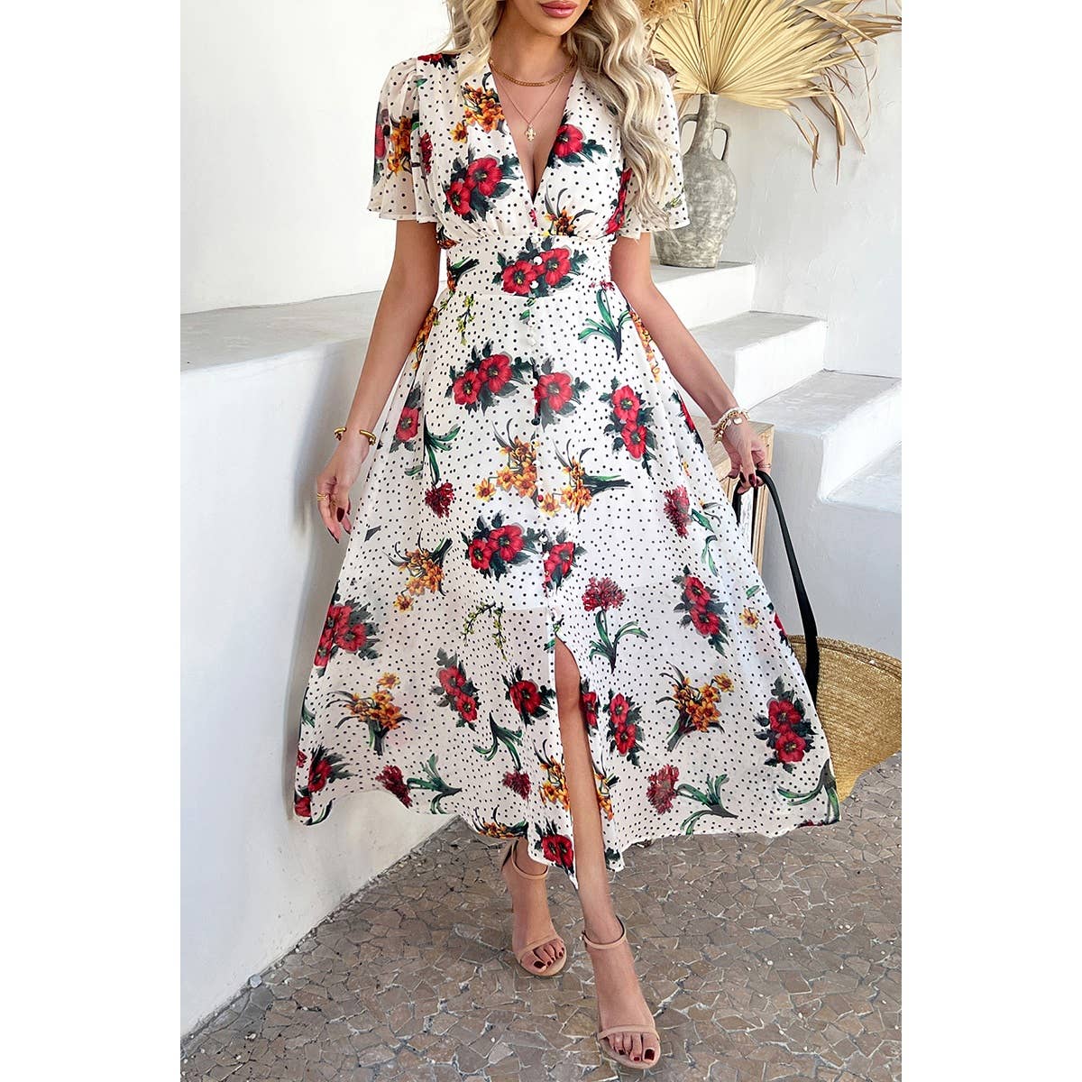 Floral V Neck Short Sleeve Tied Wrap Dress - MVTFASHION.COM