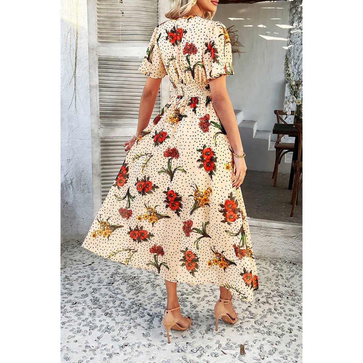 Floral V Neck Short Sleeve Tied Wrap Dress - MVTFASHION.COM