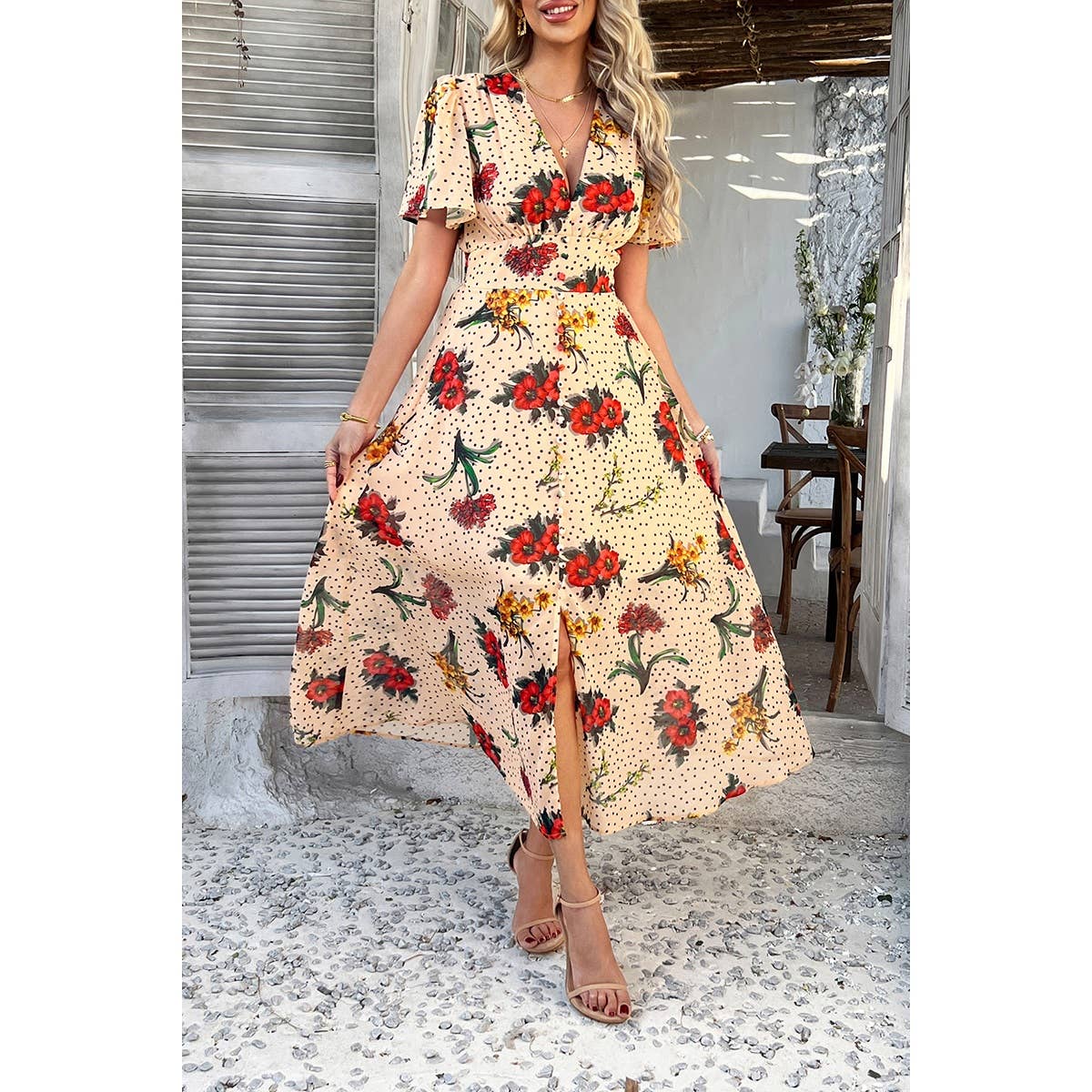 Floral V Neck Short Sleeve Tied Wrap Dress - MVTFASHION.COM