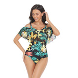 Flounce Sleeveless Off Shoulder Floral Swimsuit - MVTFASHION.COM