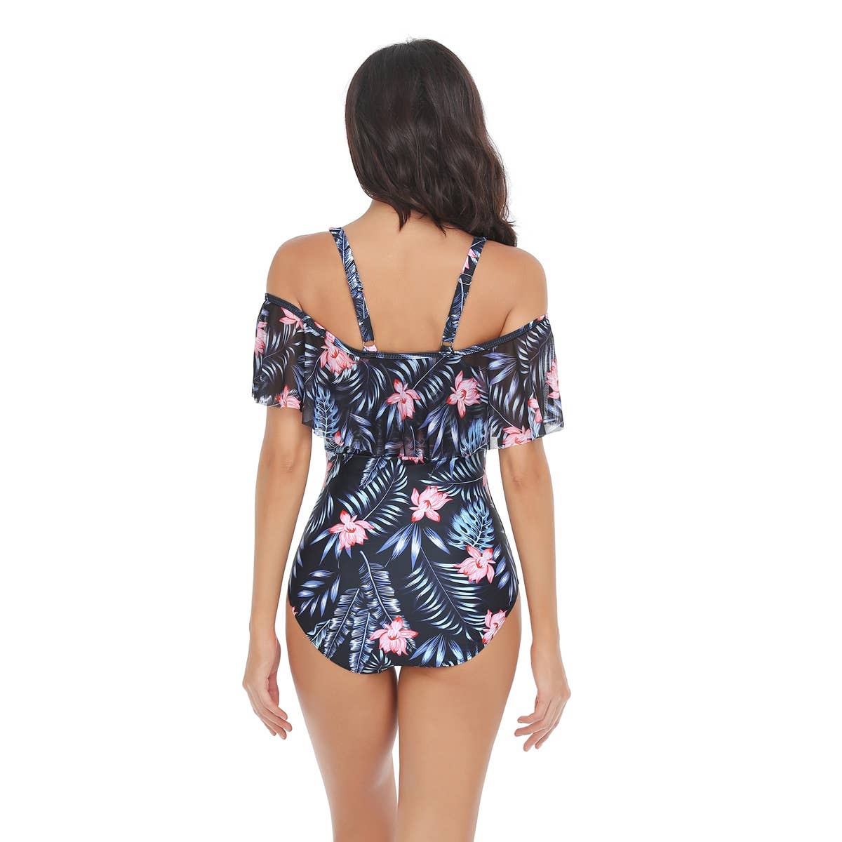Flounce Sleeveless Off Shoulder Floral Swimsuit - MVTFASHION.COM