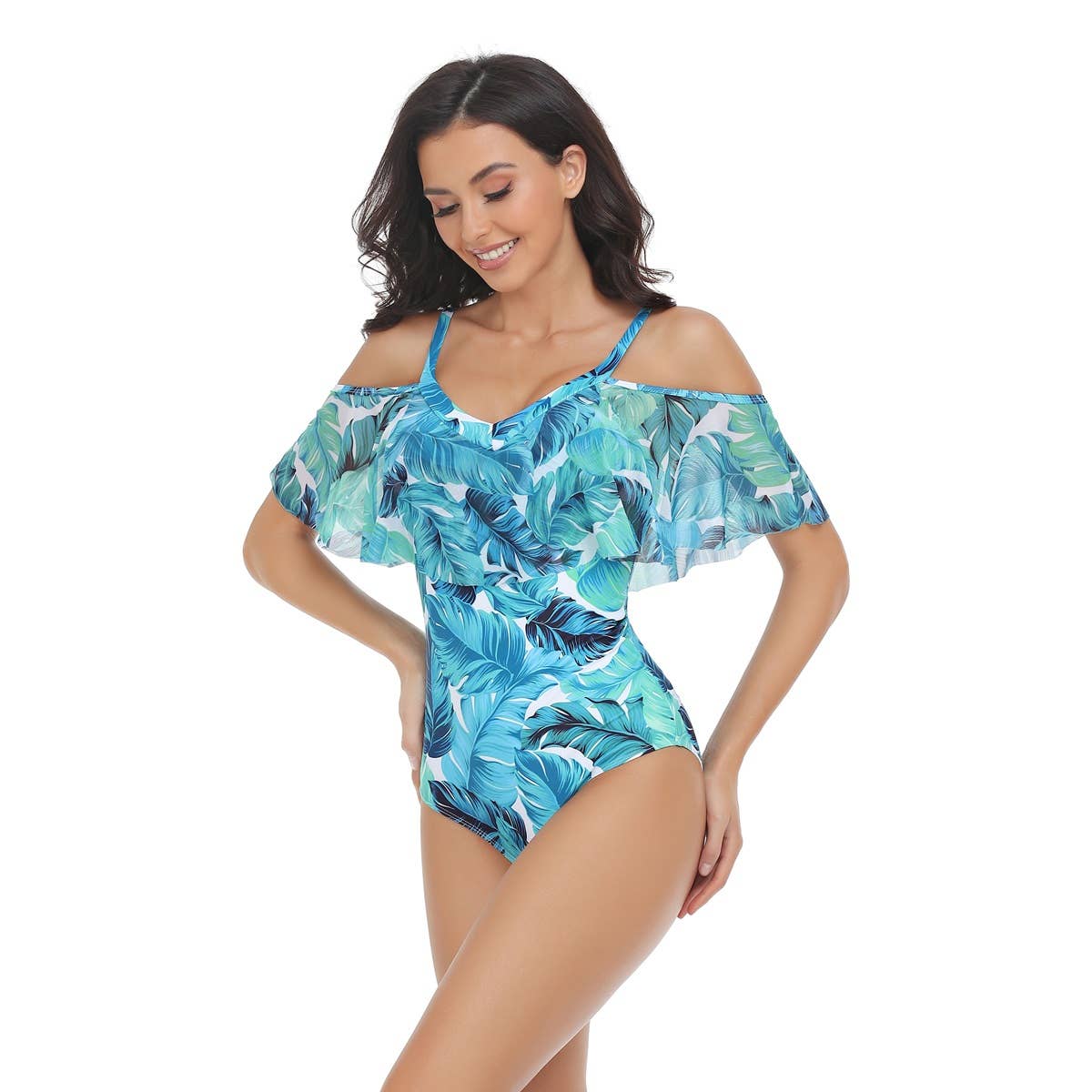 Flounce Sleeveless Off Shoulder Floral Swimsuit - MVTFASHION.COM