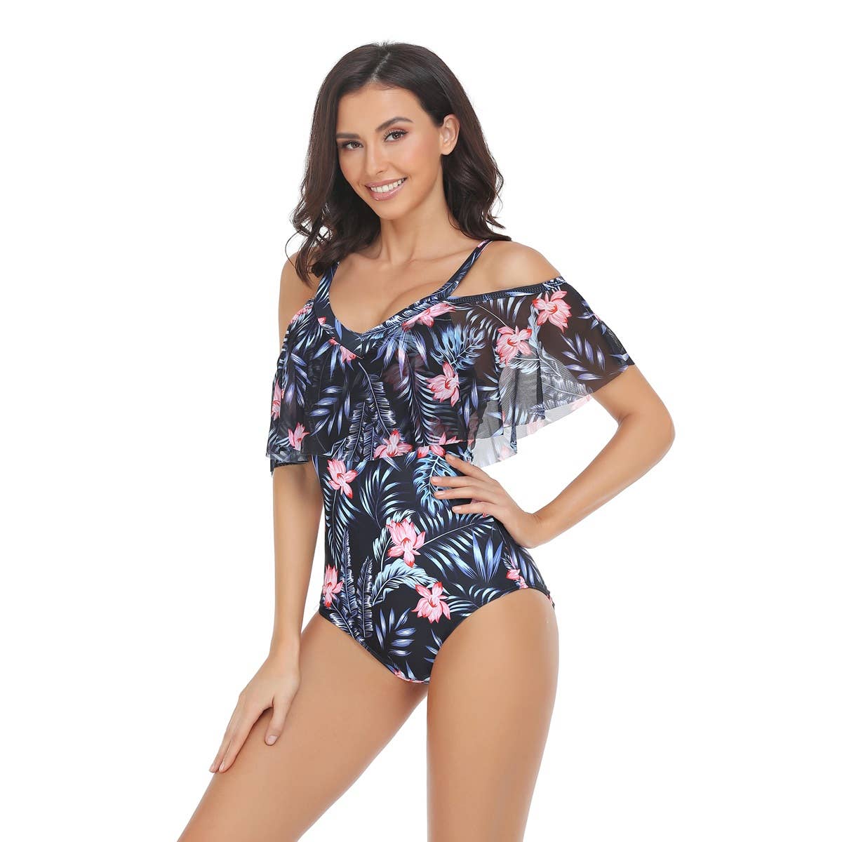 Flounce Sleeveless Off Shoulder Floral Swimsuit - MVTFASHION.COM
