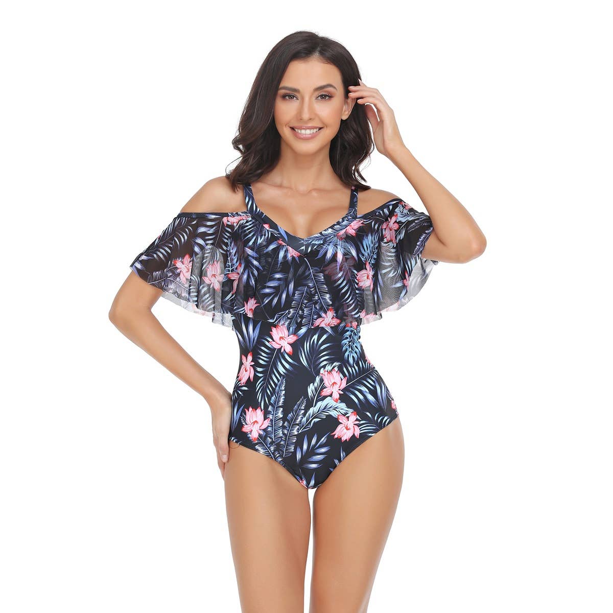 Flounce Sleeveless Off Shoulder Floral Swimsuit - MVTFASHION.COM