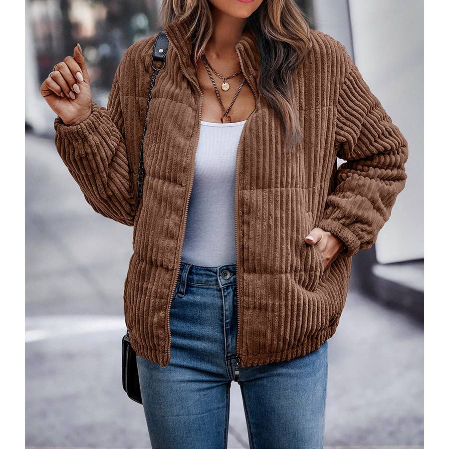 Fuzzy Pocket Zipper Strip Coat Jacket - MVTFASHION.COM