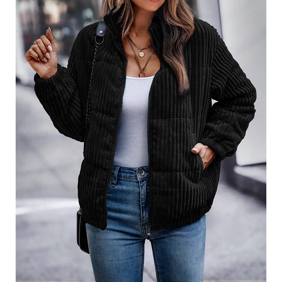 Fuzzy Pocket Zipper Strip Coat Jacket - MVTFASHION.COM