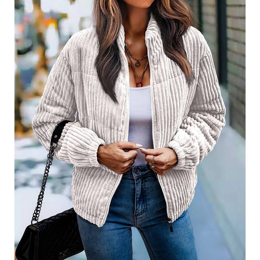 Fuzzy Pocket Zipper Strip Coat Jacket - MVTFASHION.COM