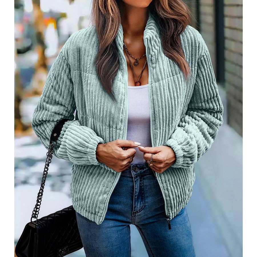 Fuzzy Pocket Zipper Strip Coat Jacket - MVTFASHION.COM