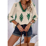 Geo Print V Neck Loose Puff Sleeves Blouse - MVTFASHION.COM