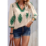 Geo Print V Neck Loose Puff Sleeves Blouse - MVTFASHION.COM