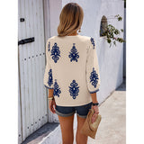 Geo Print V Neck Loose Puff Sleeves Blouse - MVTFASHION.COM