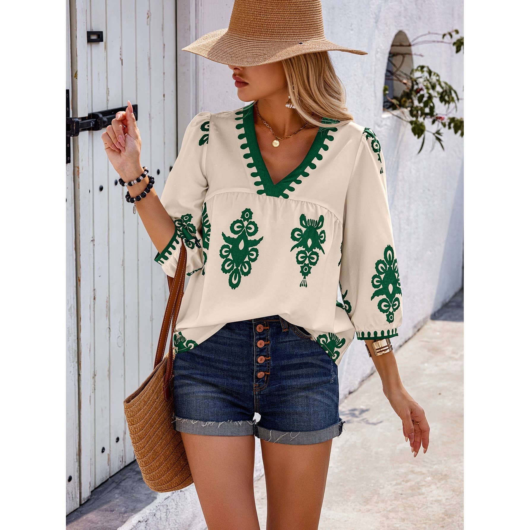 Geo Print V Neck Loose Puff Sleeves Blouse - MVTFASHION.COM