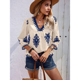 Geo Print V Neck Loose Puff Sleeves Blouse - MVTFASHION.COM