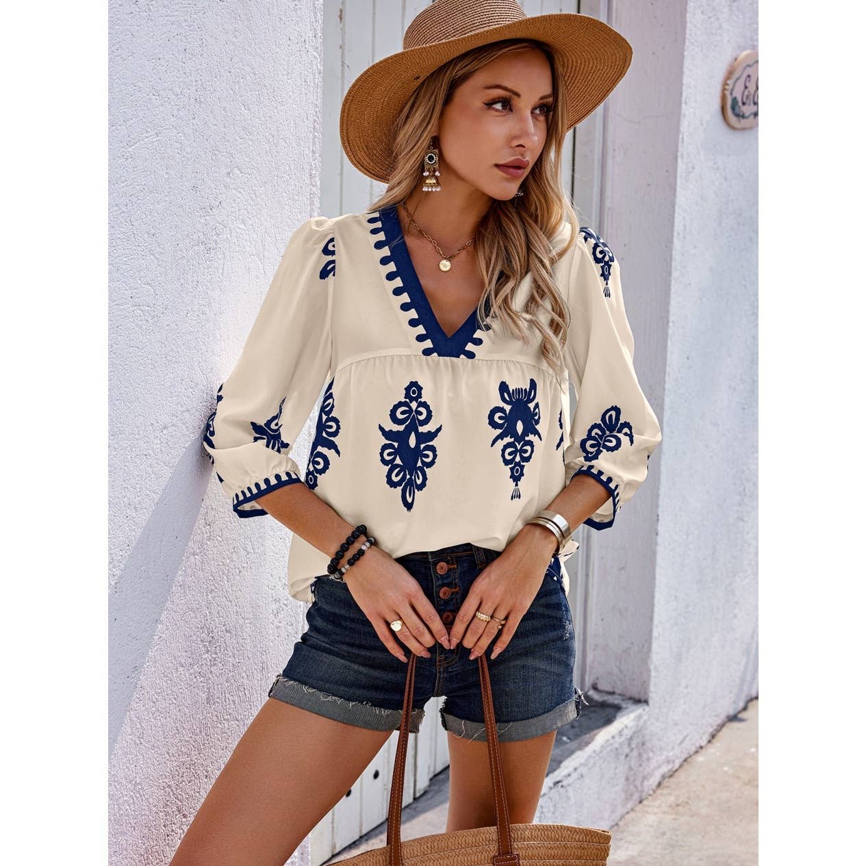 Geo Print V Neck Loose Puff Sleeves Blouse - MVTFASHION.COM