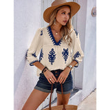 Geo Print V Neck Loose Puff Sleeves Blouse - MVTFASHION.COM