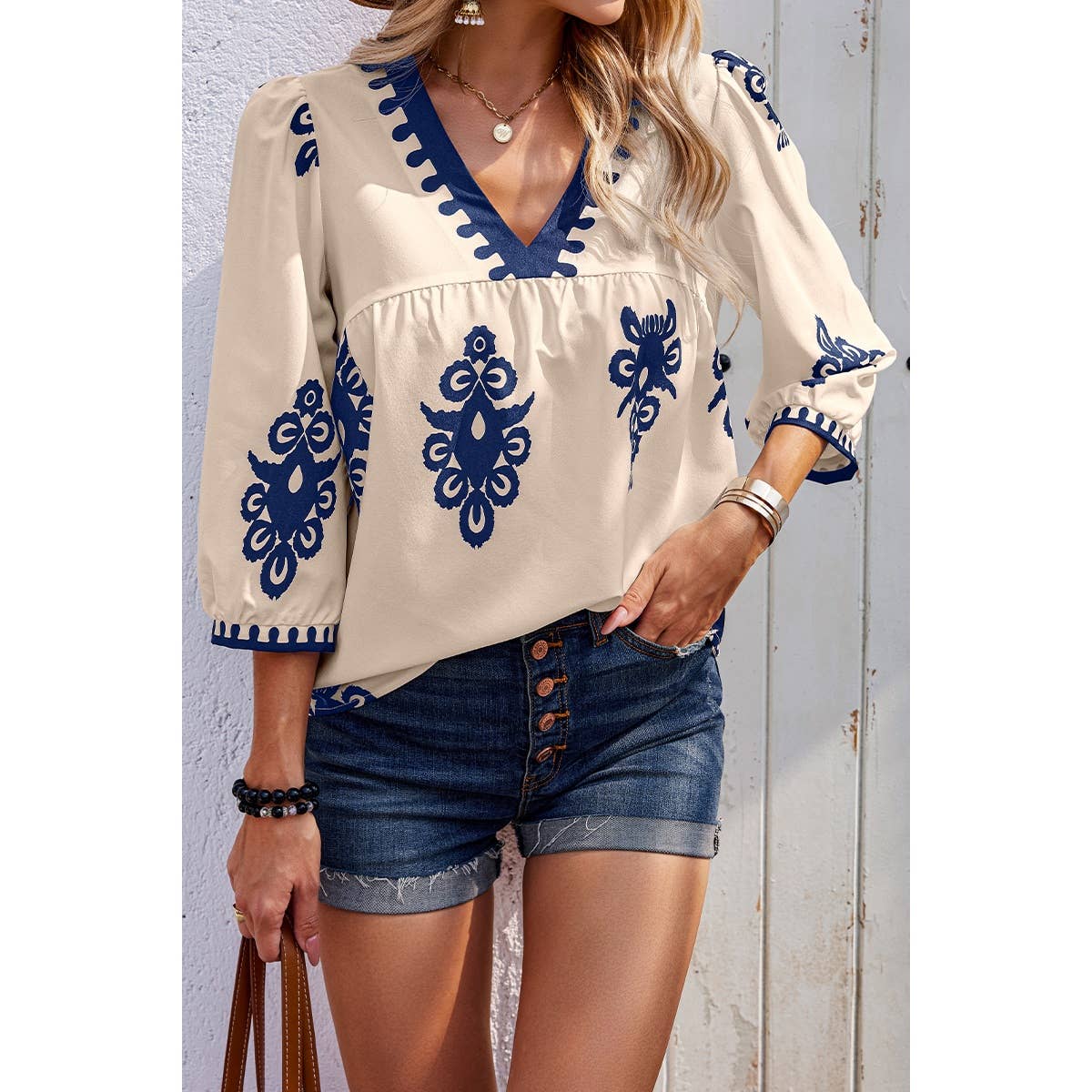 Geo Print V Neck Loose Puff Sleeves Blouse - MVTFASHION.COM