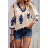 Geo Print V Neck Loose Puff Sleeves Blouse - MVTFASHION.COM