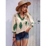 Geo Print V Neck Loose Puff Sleeves Blouse - MVTFASHION.COM