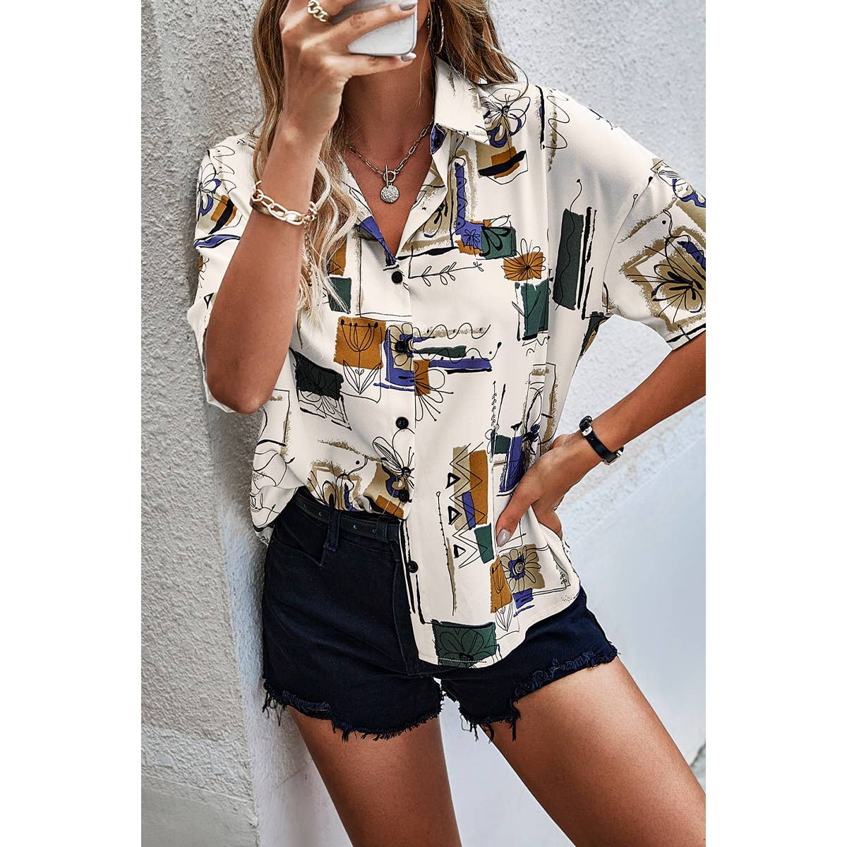 Geometric Print Short Sleeve Collar Button Blouse - MVTFASHION.COM