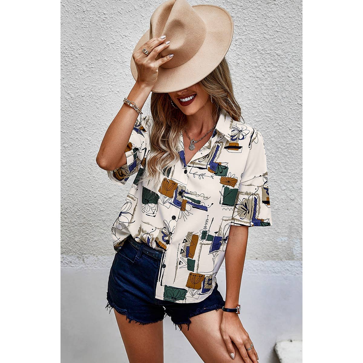 Geometric Print Short Sleeve Collar Button Blouse - MVTFASHION.COM