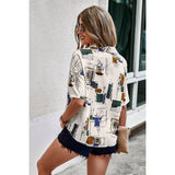 Geometric Print Short Sleeve Collar Button Blouse - MVTFASHION.COM