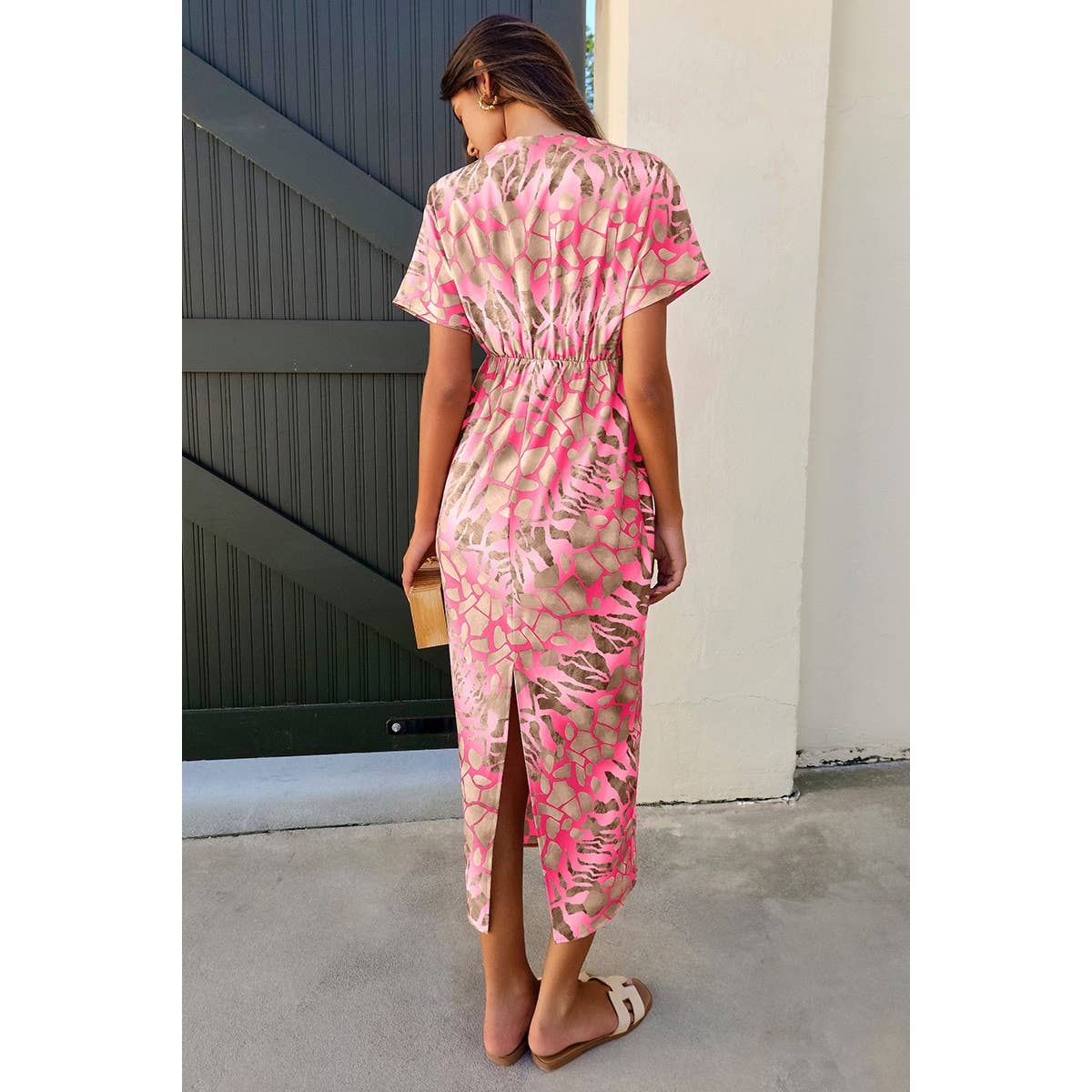 Geometric Print Twist Design Short Sleeve Fit Dress - MVTFASHION.COM