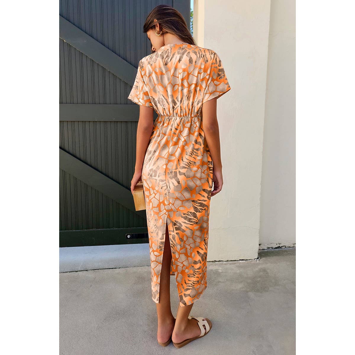 Geometric Print Twist Design Short Sleeve Fit Dress - MVTFASHION.COM