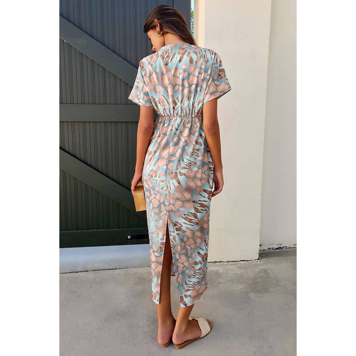 Geometric Print Twist Design Short Sleeve Fit Dress - MVTFASHION.COM