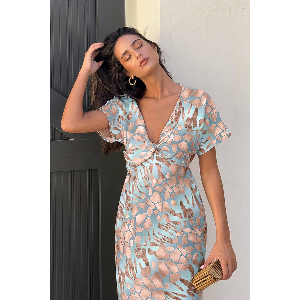 Geometric Print Twist Design Short Sleeve Fit Dress - MVTFASHION.COM