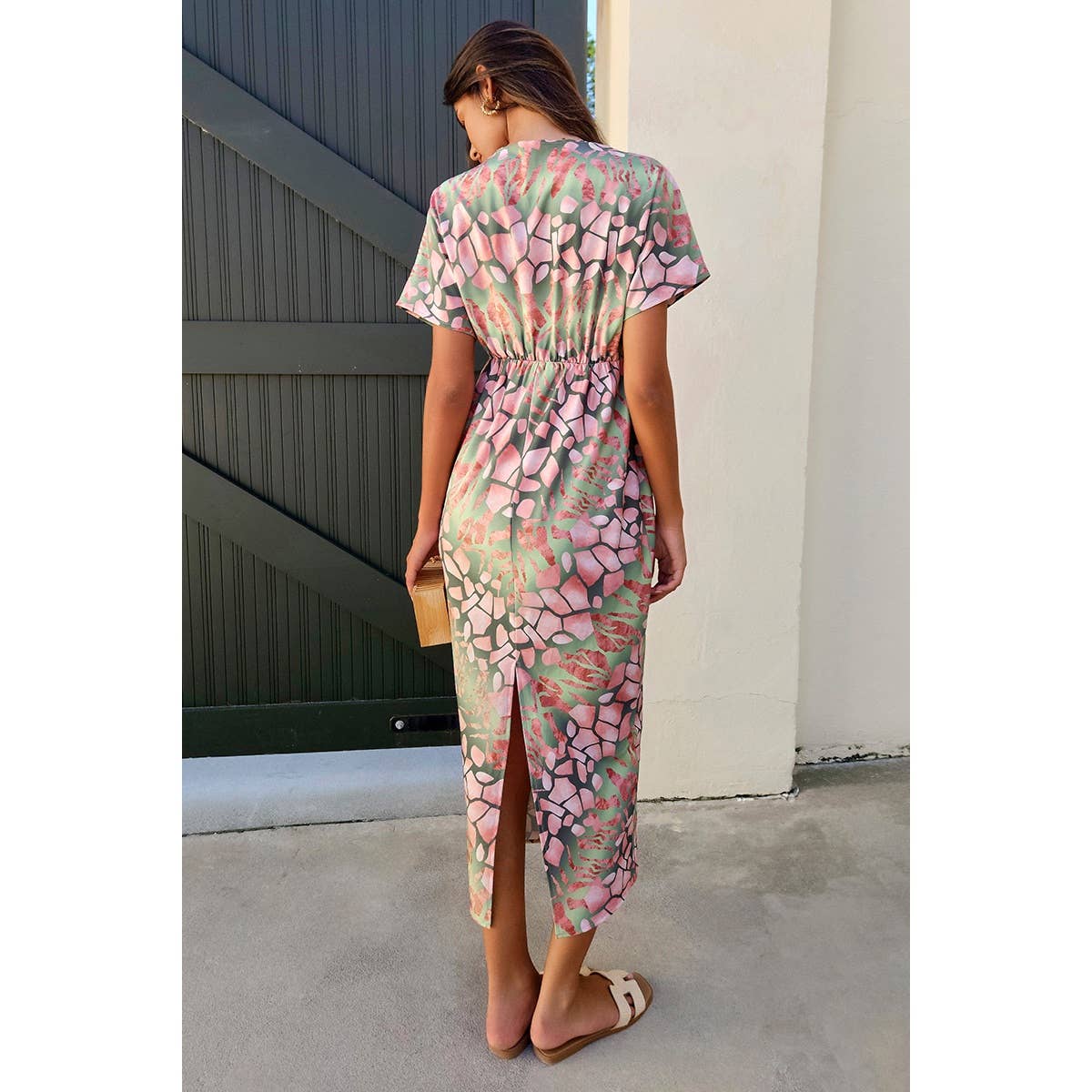 Geometric Print Twist Design Short Sleeve Fit Dress - MVTFASHION.COM