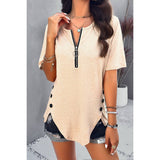 Half Zipper Button Trim Asymmetrical Hem Fit Top - MVTFASHION.COM