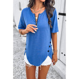 Half Zipper Button Trim Asymmetrical Hem Fit Top - MVTFASHION.COM