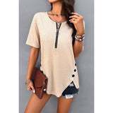 Half Zipper Button Trim Asymmetrical Hem Fit Top - MVTFASHION.COM