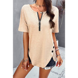 Half Zipper Button Trim Asymmetrical Hem Fit Top - MVTFASHION.COM