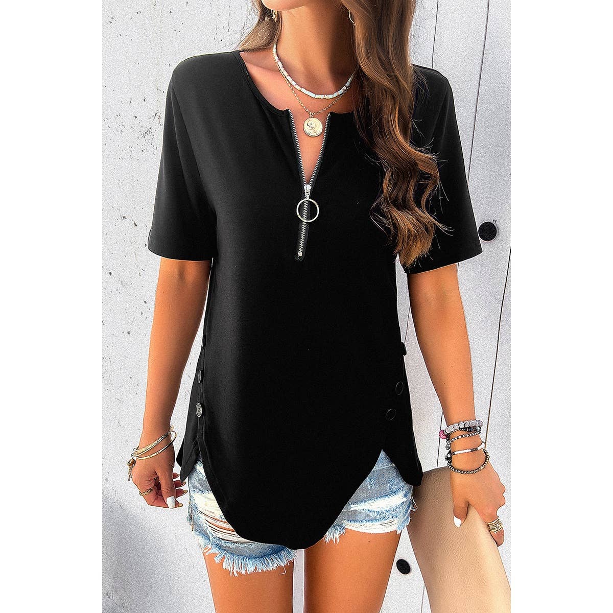 Half Zipper Button Trim Asymmetrical Hem Fit Top - MVTFASHION.COM