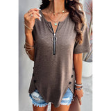 Half Zipper Button Trim Asymmetrical Hem Fit Top - MVTFASHION.COM