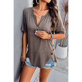 Half Zipper Button Trim Asymmetrical Hem Fit Top - MVTFASHION.COM