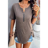 Half Zipper Button Trim Asymmetrical Hem Fit Top - MVTFASHION.COM