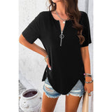 Half Zipper Button Trim Asymmetrical Hem Fit Top - MVTFASHION.COM