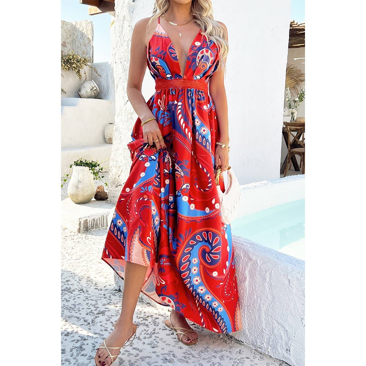 Halter Cross Back High Waist Deep V Neck Dress - MVTFASHION.COM