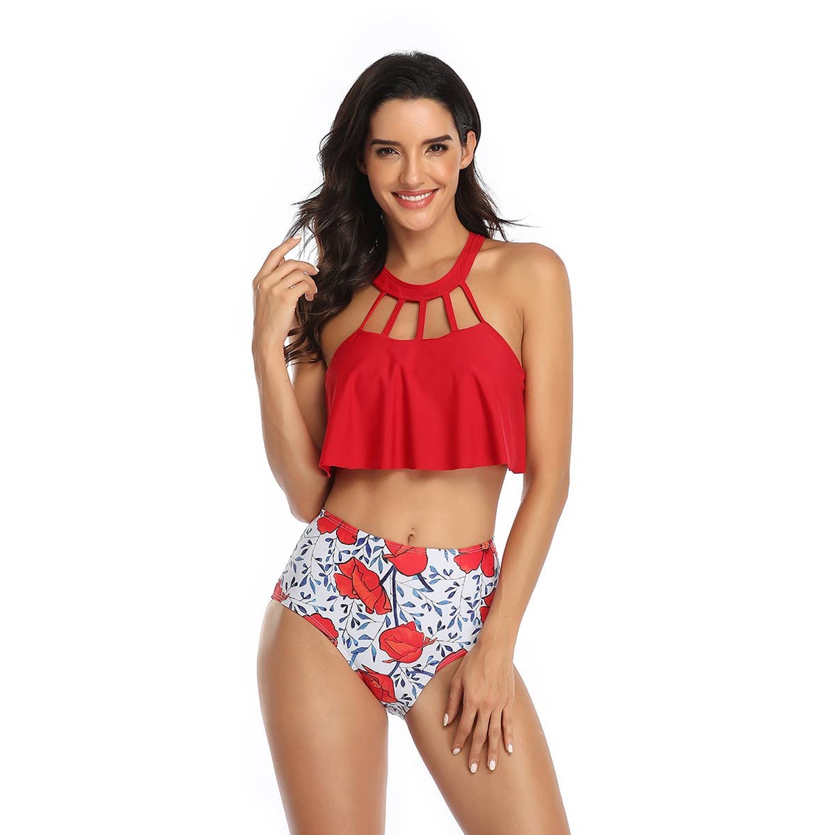 Halter Cut Out High Waist Coconut Tree Swimsuit - MVTFASHION.COM