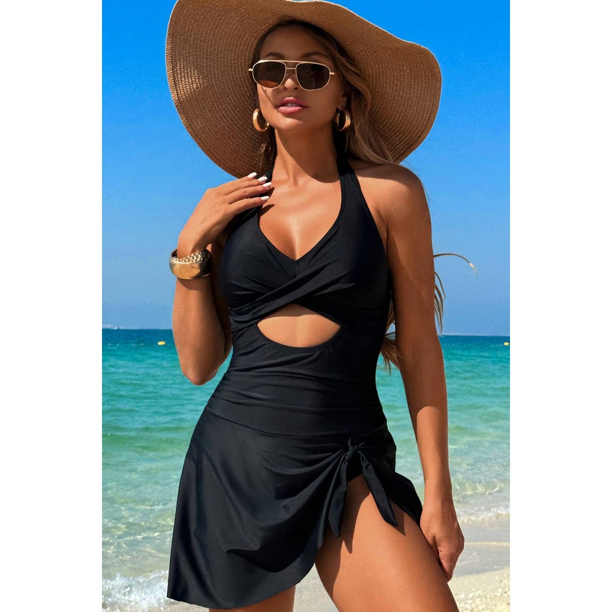 Halter Neck Twisted Tie Knot Front Dress Swimsuit - MVTFASHION.COM