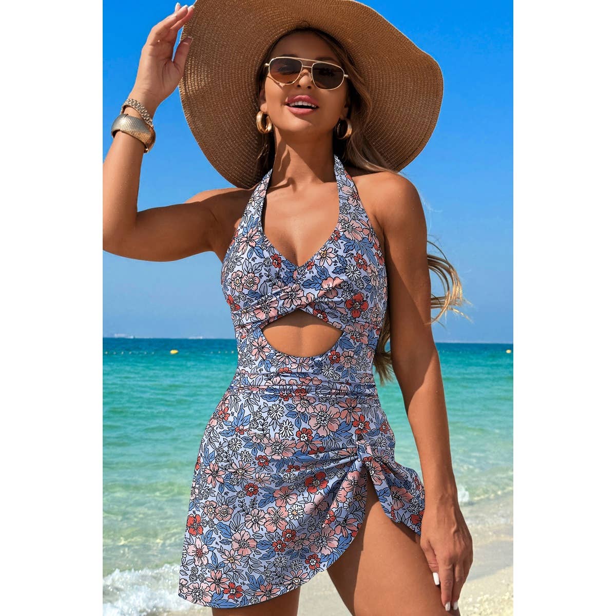 Halter Neck Twisted Tie Knot Front Dress Swimsuit - MVTFASHION.COM