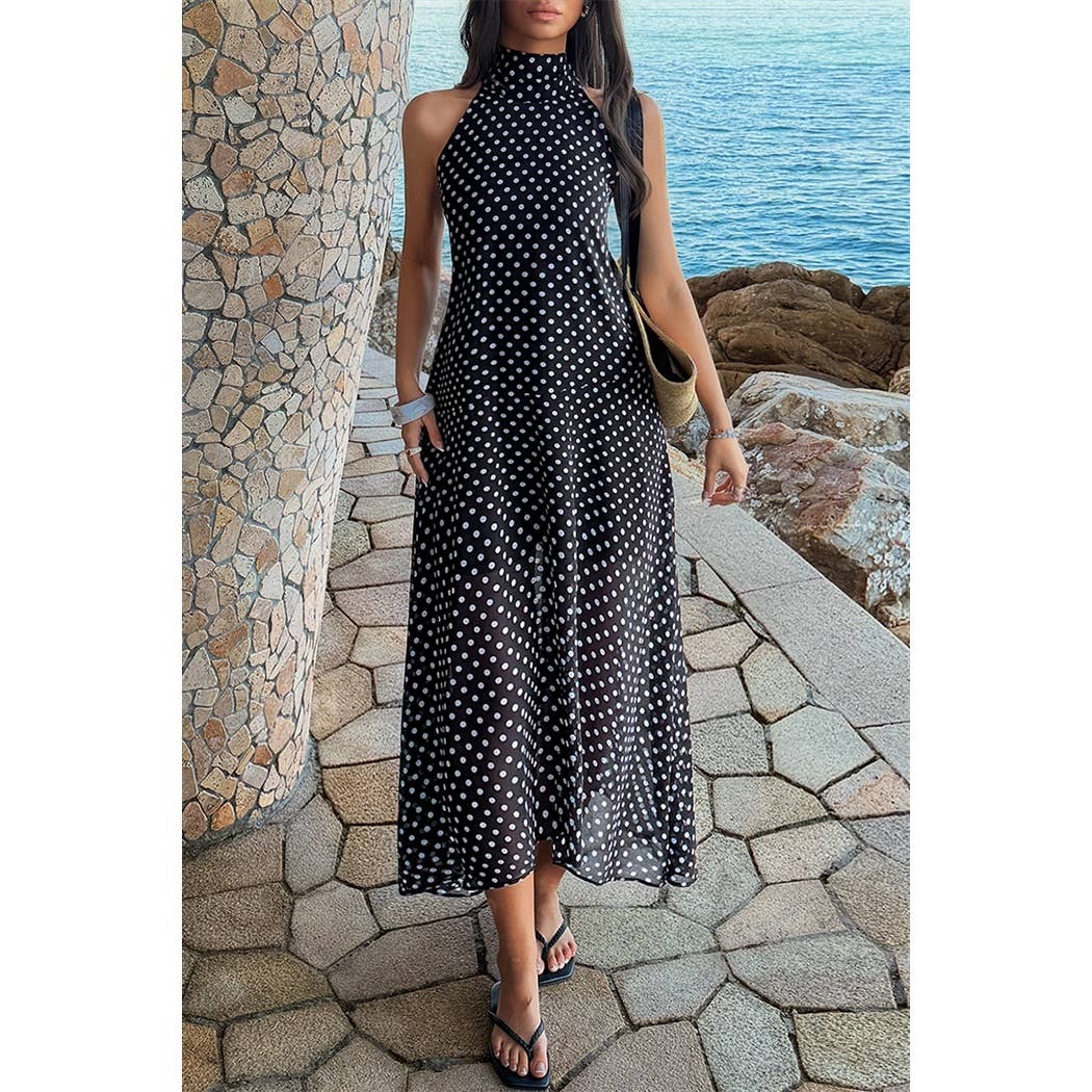 Halter Polka Dot Back Knot Tulle Dress - MVTFASHION.COM
