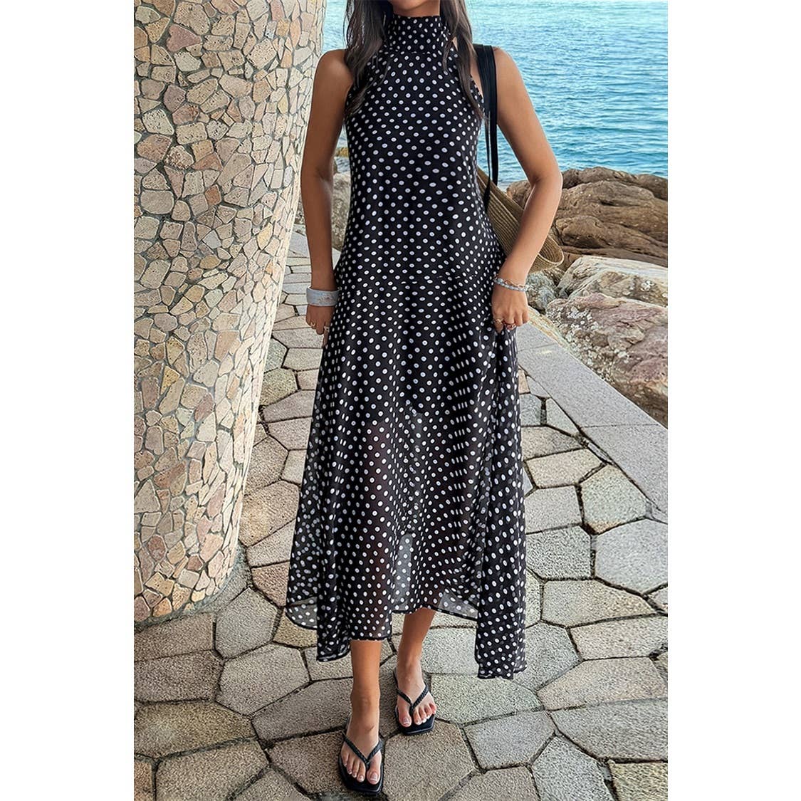 Halter Polka Dot Back Knot Tulle Dress - MVTFASHION.COM