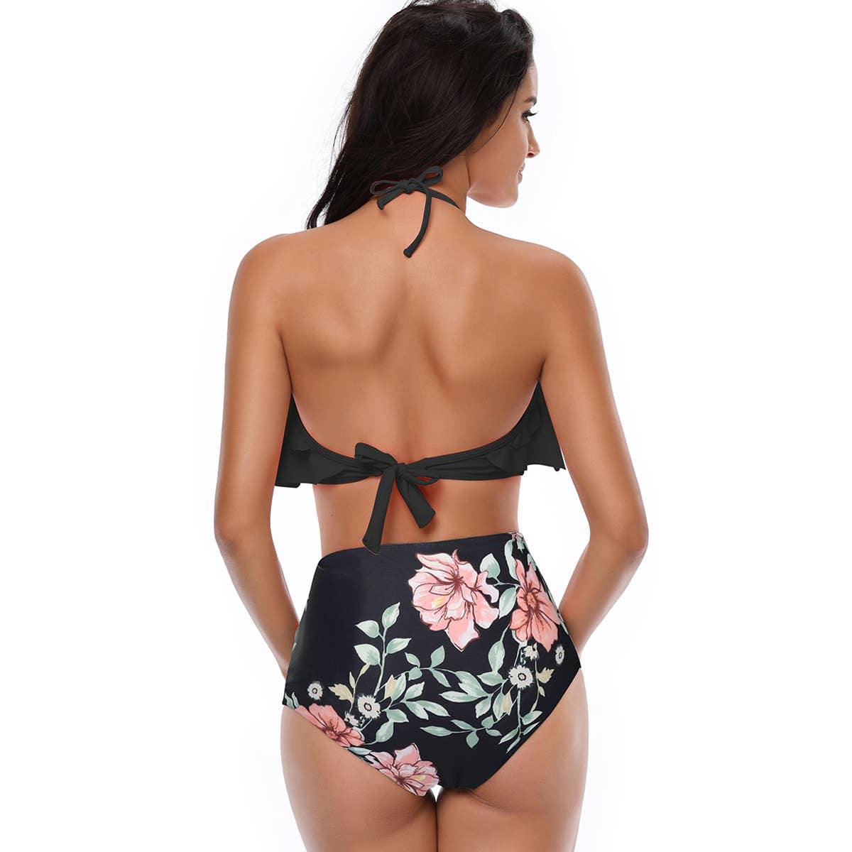 Halter Ruffle High Waisted Leaves Print Swimsuit - MVTFASHION.COM