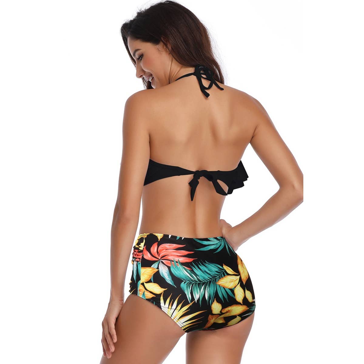 Halter Ruffle High Waisted Leaves Print Swimsuit - MVTFASHION.COM
