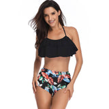 Halter Ruffle High Waisted Leaves Print Swimsuit - MVTFASHION.COM